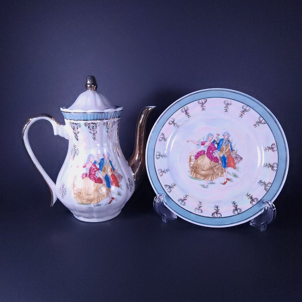 Victorian Antique Teapot + Saucer Turquoise Gold Tone by Duca Di Bavaria